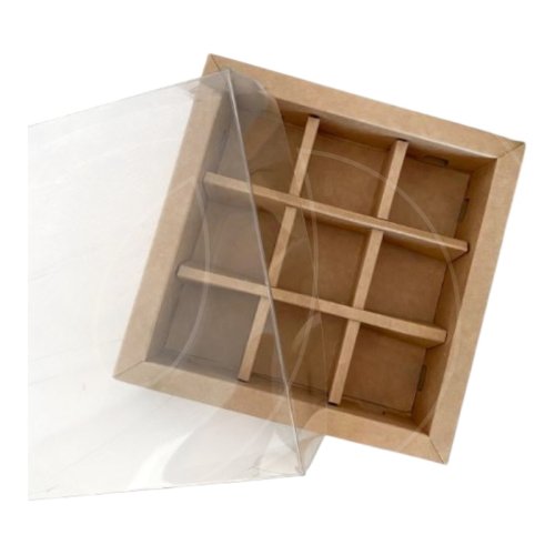 Коробка на 9 конфет с окном крафт 14,7х14,7х3,4 см КУ-684	