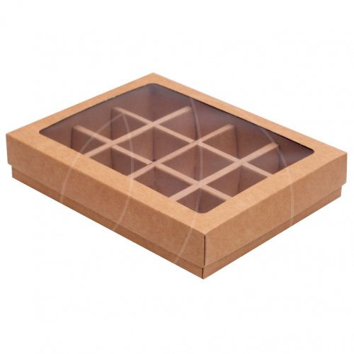 Коробка на 12 конфет с окном крафт 19х15х3,6 см КУ-176 